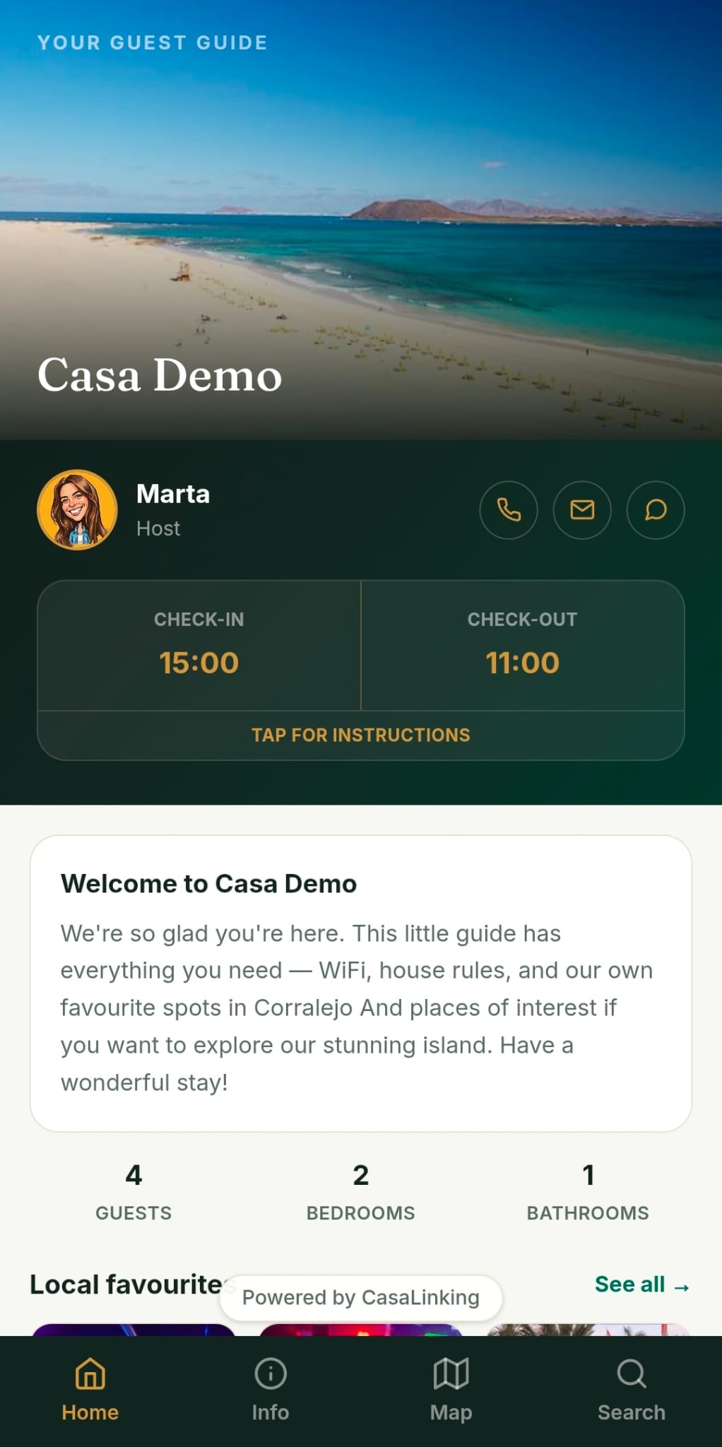 The Casa Demo Guest Guide, open on a phone